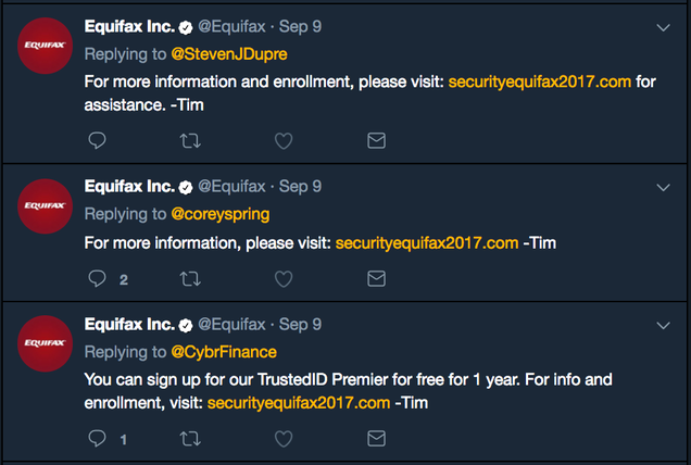 Equifax directing users to a fake phishing website.